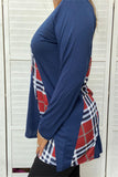 FW5687 Navy blue long sleeve women top w/ plaid multi color print (ES11)