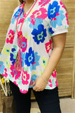 XCH15792 Blue/pink multi color printed sunflower short sleeve women tops w/v-neckline