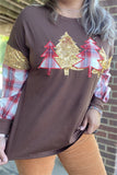 XCH15726 Christmas trees sequin&cloth patch sewing on the brown fabric w/checked printed long sleeve women tops