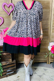 GJQ15746 Leopard printed fuchsia/black solid color short sleeve women dress w/side pockets