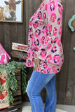 GJQ15750 Pink/fuchsia Leopard multi color printed 3/4 bell sleeve women tops