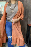 GJQ19392 Small dots w/ruffle 3/4 sleeve&bottom mesh fabric coral color women cardigan