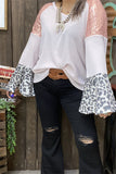 BQ13928 Leopard/ Coral sequin bell raglan long sleeve women light pink blouse  (DS2)