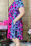XCH14283 Black/turquoise diamond fuchsia printed short sleeves for women dresses w/side pockets  (GS11)