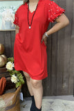 BQ15587 Red women dresses bubble short sleeve w/pearl accessory stitching w/two side pockets