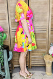 GJQ15888 Colorful big floral printed short sleeve women dress w/side pockets &elastic waist band