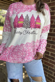 DLH15355 "Merry Christmas"words &trees multi color printed long sleeve women tops