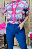 XCH15689 Teal/fuchsia Aztec multi color printed short sleeve women tighten top