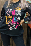 XCH15788 Yellow horse/Fuchsia cactus multi color graphic embroidery  long sleeve w/black sequin women tops