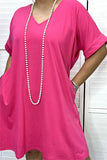 GJQ14591-1 Hot-pink women dress with short sleeve and v-neckline / side pockets(BS4