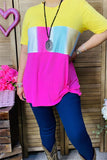 GJQ8707-2 Yellow/pink & multi color block printed short sleeve top (es7)