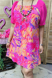 YMY15190 Plants graphic multi color printed fuchsia short sleeve women dress