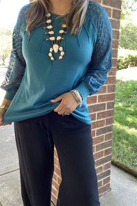 XCH15449 Turquoise solid color long sleeve/lace raglan design women tops