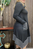 GJQ15563 Black/white striped Turtleneck&irregular bottom and side pockets long sleeve women dress