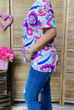 BQ15864 Mint&fuchsia floral multi color printed short sleeve women tops