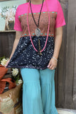 XCH15330 Paisley&white dots w/black fuchsia block color printed short sleeve women tops