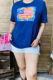 DLH10901 Blue USA Flag printed buffalo short sleeve women blue tops (GS10)