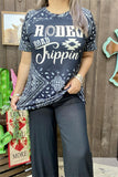 XCH14181 "Rodeo Road Trippin" words&paisley white printed short sleeve black women top (GS6)