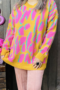 MY13394 Pink/yellow/teal leopard knitted long sleeve women sweater