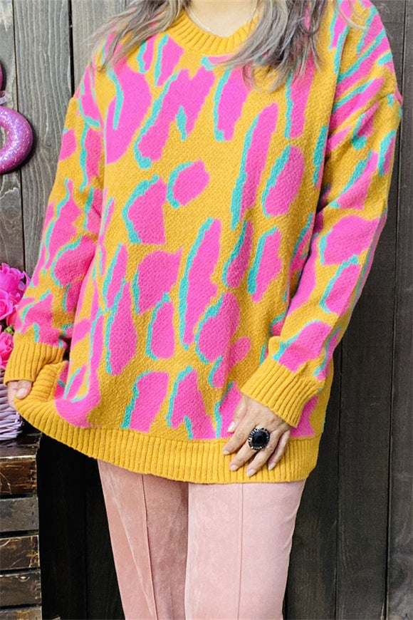 MY13394 Pink/yellow/teal leopard knitted long sleeve women sweater