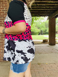 XCH14275 Star&Leopard block black fuchsia cow multi color printed short sleeves women tops