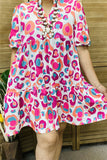 XCH15818 Teal&fuchsia multi color leopard printed short sleeve women loose dress