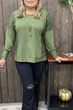 GJQ15536 Green solid color w/green lace tighten cuff long bottom sleeve side split front short/back more long women tops