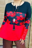 BQ15286 Floral printed block red/black color w/buckle lace long sleeve women tops