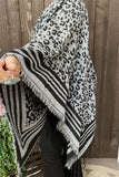 LW11392 Grey & black leopard knitted women shawl w/tassels&fringe