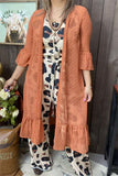 GJQ19392 Small dots w/ruffle 3/4 sleeve&bottom mesh fabric coral color women cardigan