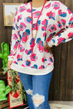 GJQ15599 Colorful leopard printed long sleeve women beige tops w/solid color cuff&bottom band