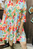 GJQ15087 Colorful Aztec printed 3/4 sleeve V-neckline women dress/side pockets