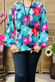 XCH15700 Turquoise/Teal multi color floral printed long sleeve w/elastic cuff women tops