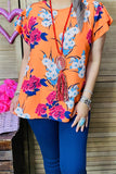 GJQ15656 Floral multi color printed short sleeve/double ruffle women orange tops