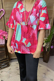 XCH15921 Fuchsia/mint multi color graphic printed drop-shoulder short sleeve baby doll women blouse