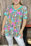 XCH12474 Faith cross w/wings & sunflower multi color printed short sleeve women top (BS12)