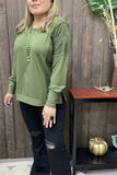 GJQ15536 Green solid color w/green lace tighten cuff long bottom sleeve side split front short/back more long women tops