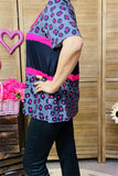 XCH15696 Black/Fuchsia leopard printed short sleeve women tops