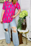 BQ13162  Fuchsia cactus printed short sleeve women tops