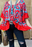 YMY15524 Mint/Turquoise/Red  printed short sleeve w/red ruffle trim&bottom loose neckline women blouse