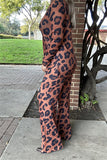 BQ15604 Black&brown leopard printed long sleeve top&pant 2pcs tan women set