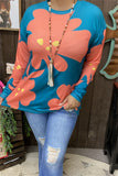 BQ15645 Coral/yellow floral printed long sleeve teal women tops