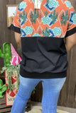 XCH9994 Cactus/Aztec orange multi color printed black block short sleeve women top w/front pocket(FS4)