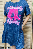 XCH14366 Fuchsia boot graphic blue leopard printed short sleeve w/side pockets women dress