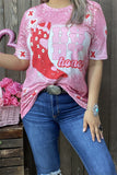 XCH14135 Fuchsia boots &"HOW DY honey"and heart printed short sleeve women pink tops