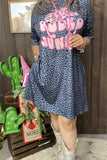 XCH14470 Hat pink graphic printed short sleeve w/side pockets women blue leopard dresses