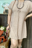 XCH15454 Tan solid color short sleeve/ fold trim women dress