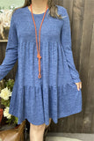 GJQ15503 Blue solid color long sleeve w/side pockets women dresses