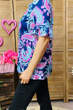 GJQ15885 Pink&mint paisley multi color printed short sleeve w/ruffle V-necklace navy women tops