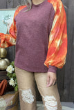 SP7924 W/orange tie dye bubble long sleeves burgundy body color knitted women top w/raglan design(FS12)